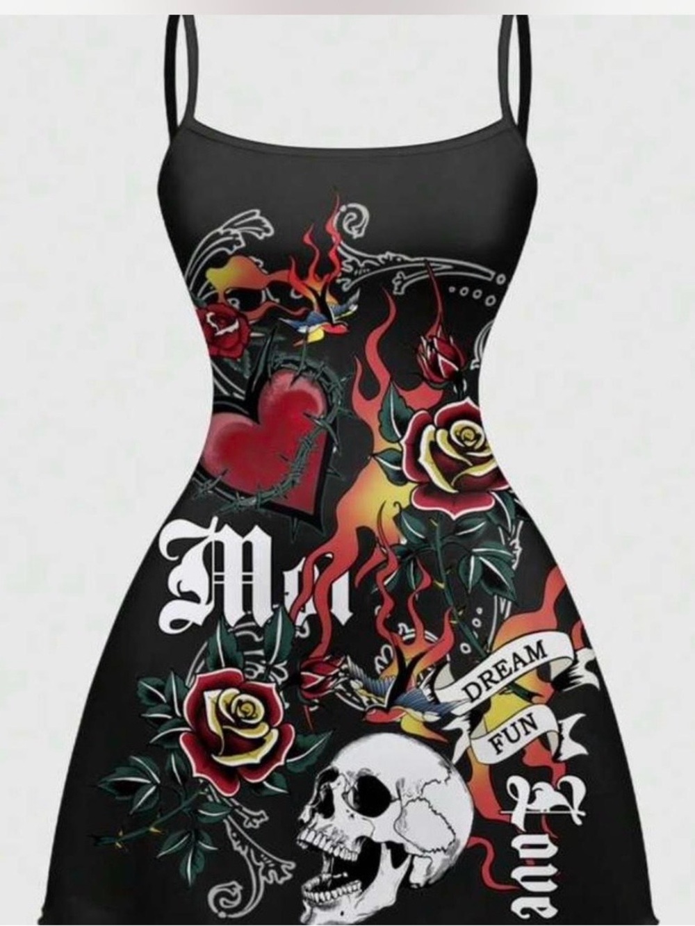 ROMWE Black Tattoo-Print Spaghetti Strap Mini Dress with Red & Yellow Accents